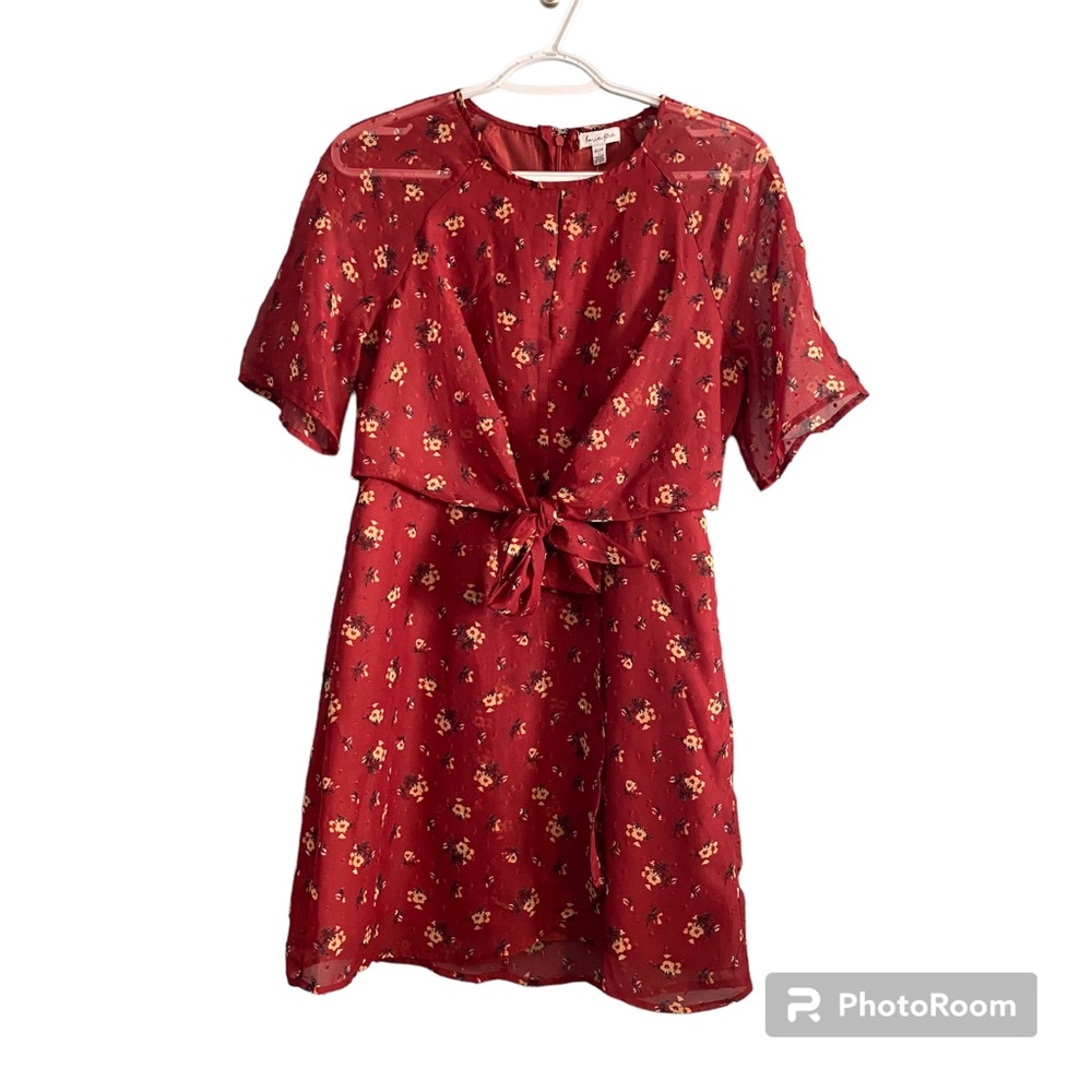 NWT Love Fire Rust Swiss Dot Floral Chiffon Short Sleeve Tie Front Dress Sz XS